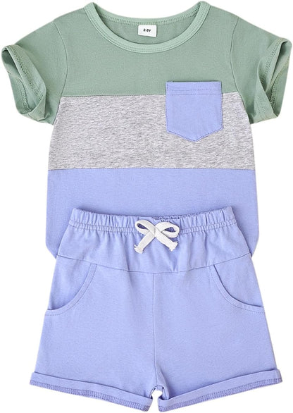Baby Boy Clothes Toddler Boy Summer Outfits Short Sleeve Patchwork Top T-shirt & Pocket Pant Set 2