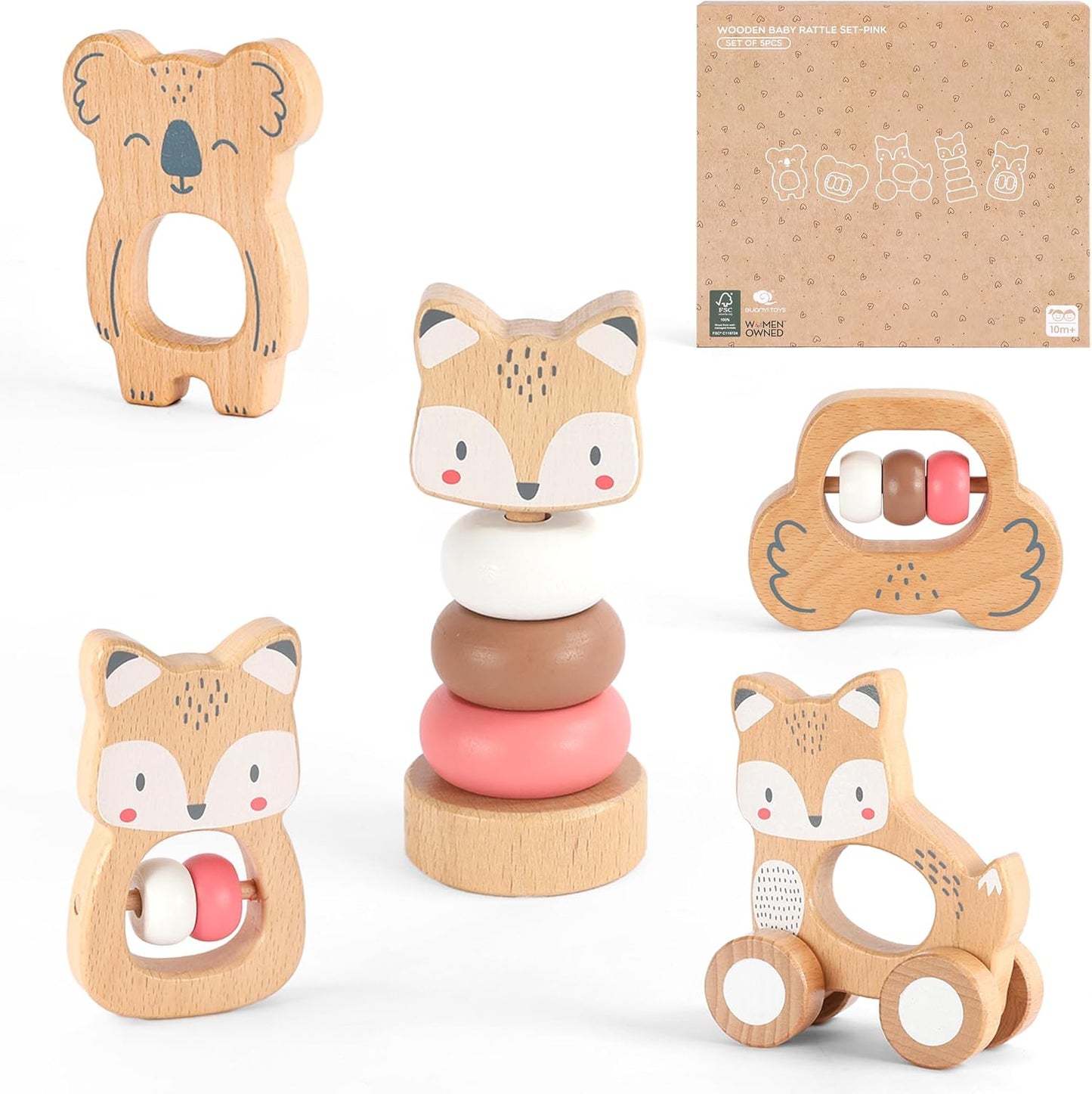 Freniland Wooden Montessori Toys, 5-Piece Wooden Baby Toys, Koala Wooden Baby Rattle, Fox Stacking