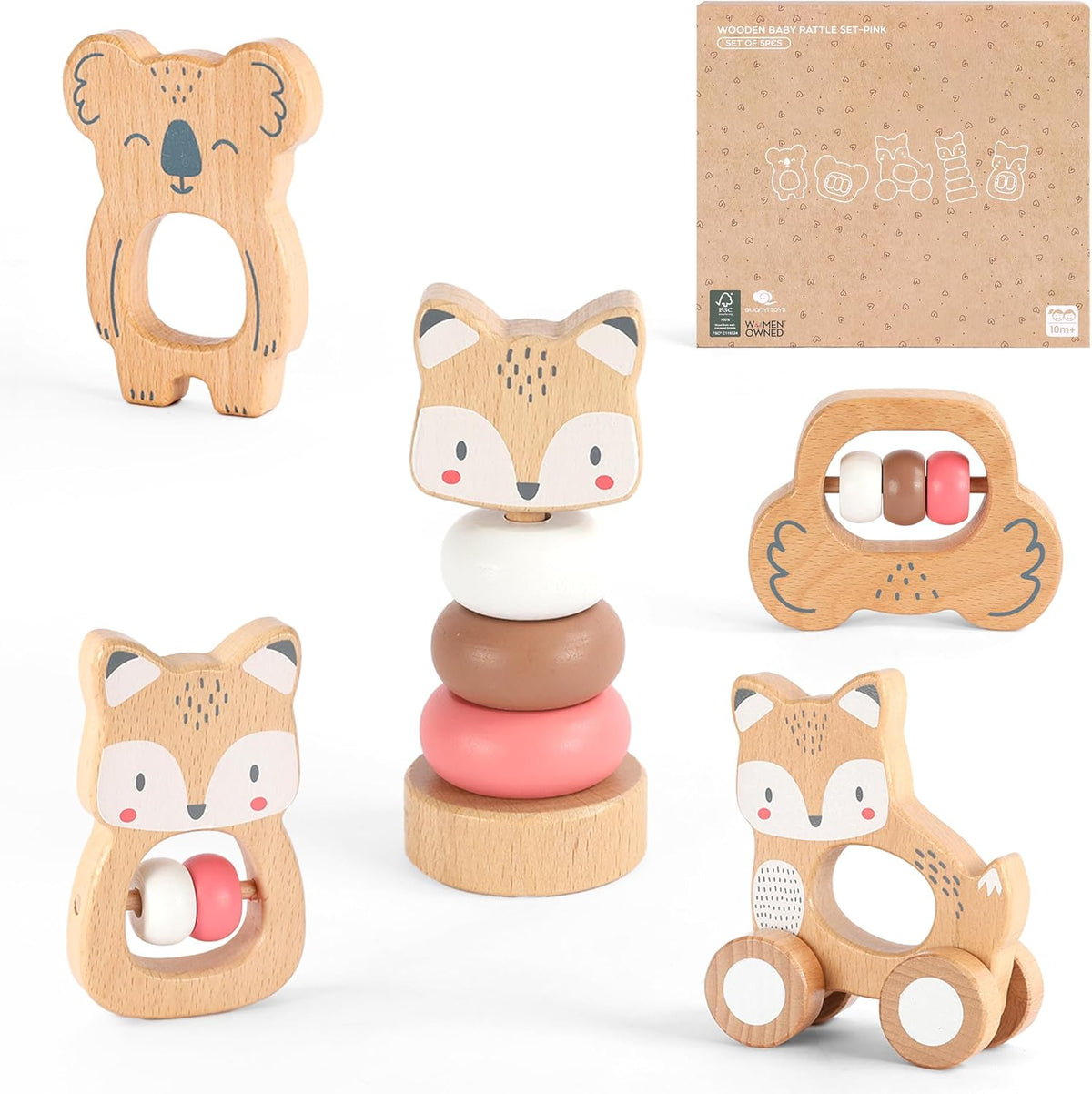 Freniland Wooden Montessori Toys, 5-Piece Wooden Baby Toys, Koala Wooden Baby Rattle, Fox Stacking