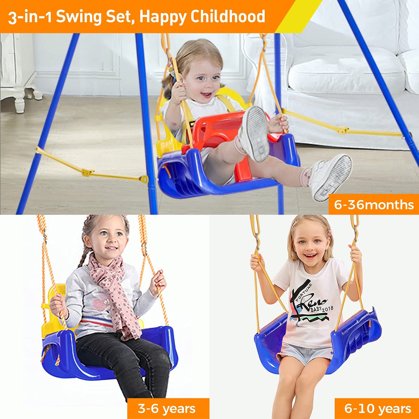 FUNLIO Toddler Swing with Foldable Metal Stand for Toddlers Aged 1~10 Years, 3-in-1 Baby Swing Set