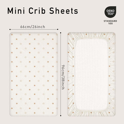 Gllquen Baby Muslin Mini Crib Sheets 3 Pack, Breathable Pack and Play Sheets Fitted Soft Cozy
