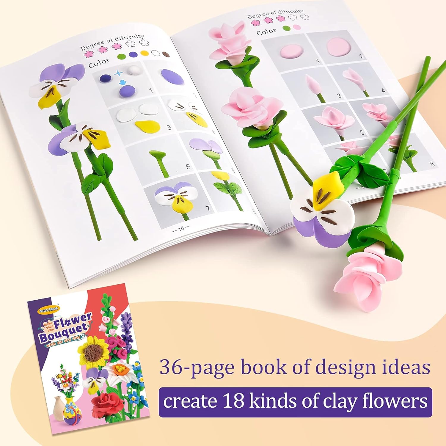 Drama Planet Flower Craft Kit for Kids, Make Your Own Flower Bouquet with Air Dry Clay, Arrange