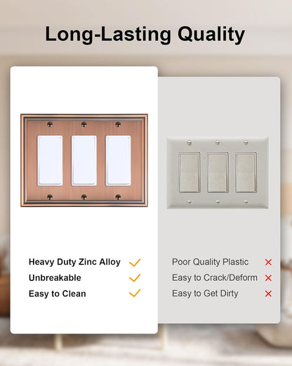 2-Pack Decorative Tripple Decorator Outlet Cover Plate, Durable Zinc Alloy Antique Copper Wall