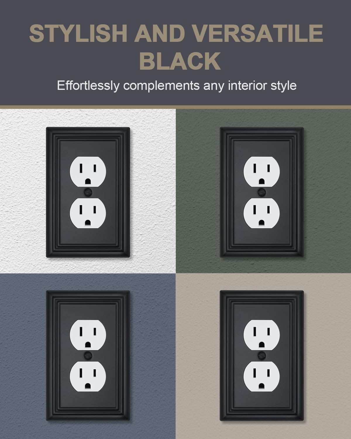 4-Pack Black Outlet Covers, Metal Duplex Wall Plates for Receptacles, Light Switch, Durable