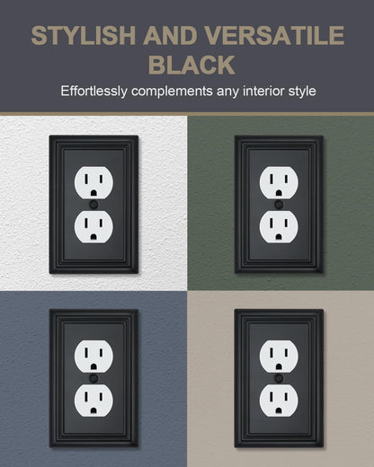 4-Pack Black Outlet Covers, Metal Duplex Wall Plates for Receptacles, Light Switch, Durable
