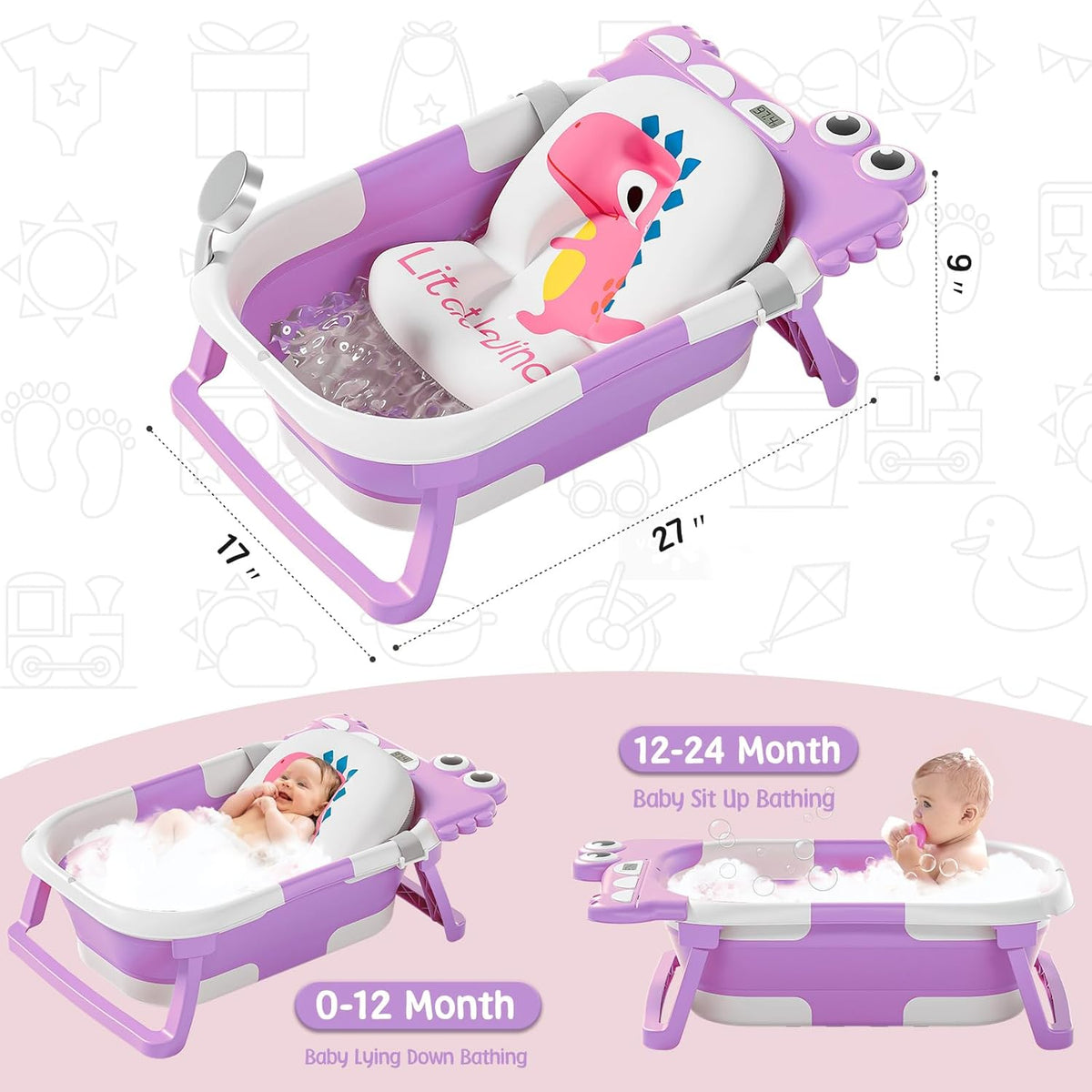 MoreFeel Collapsible Baby Bathtub for Newborn with Thermometer & 1 Hooded Towel & 1 Soft Floating