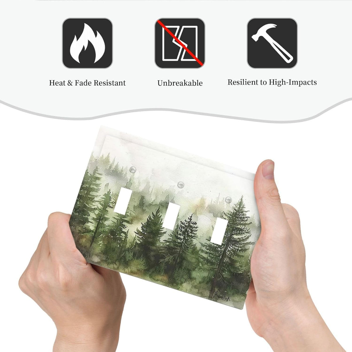 Decorative Switch Plates Green Forest Watercolor Painting Foggy Pine 3 Gang Wall Plate Triple