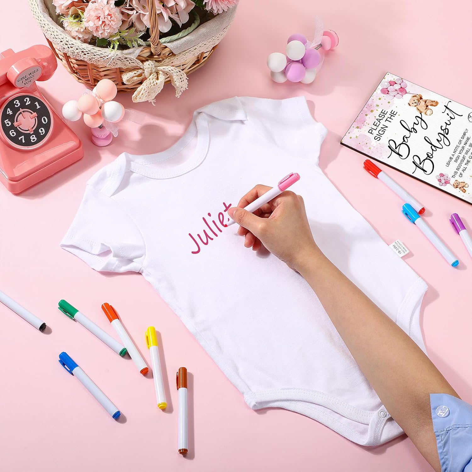 Qunclay 12 Pcs Baby Bodysuit Baby Shower Game Include 1 Game Wooden Sign Tabletop Decor 1 White