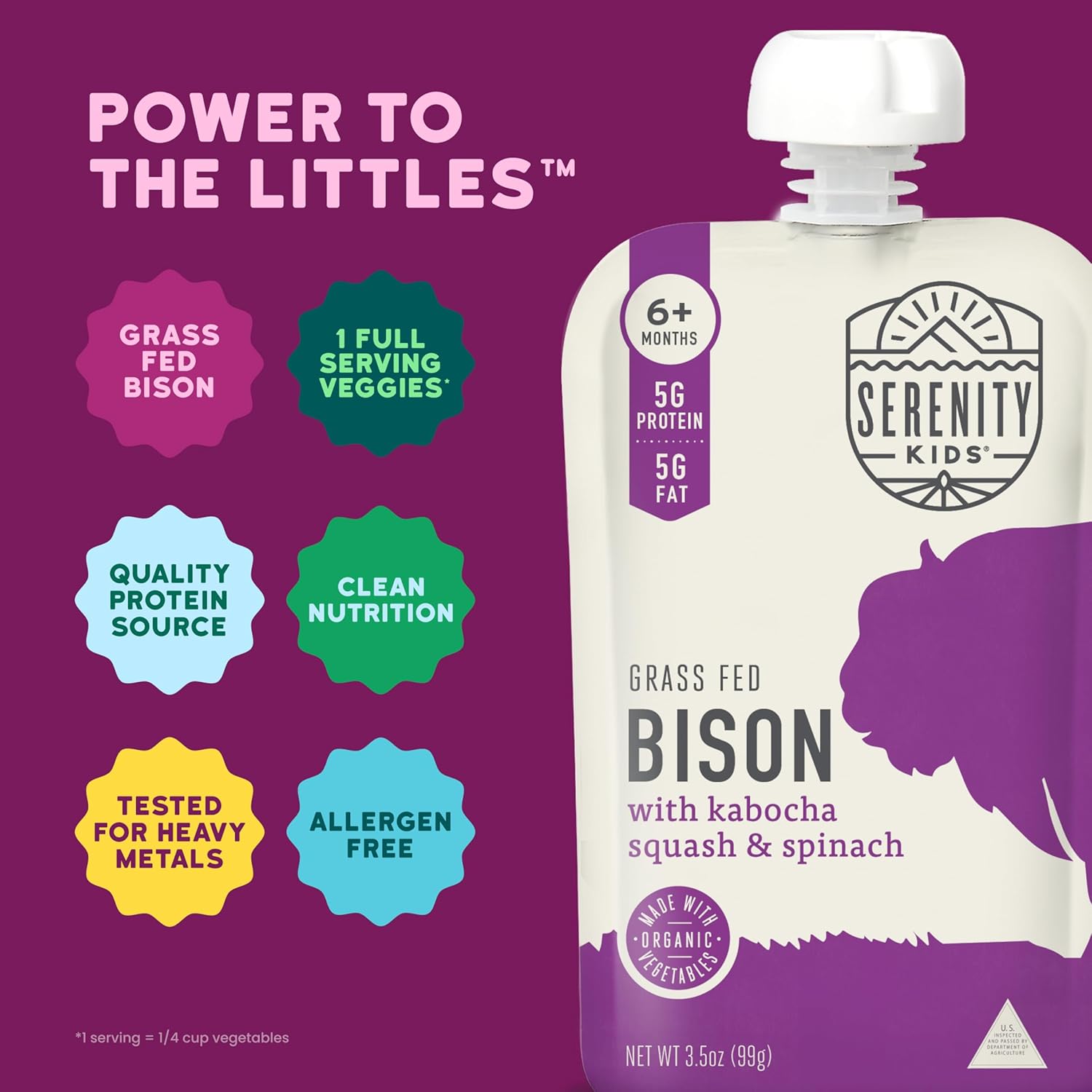 Serenity Kids Baby Food Pouches, Grass Fed Bison with Organic Kabocha Squash & Spinach, For 6+