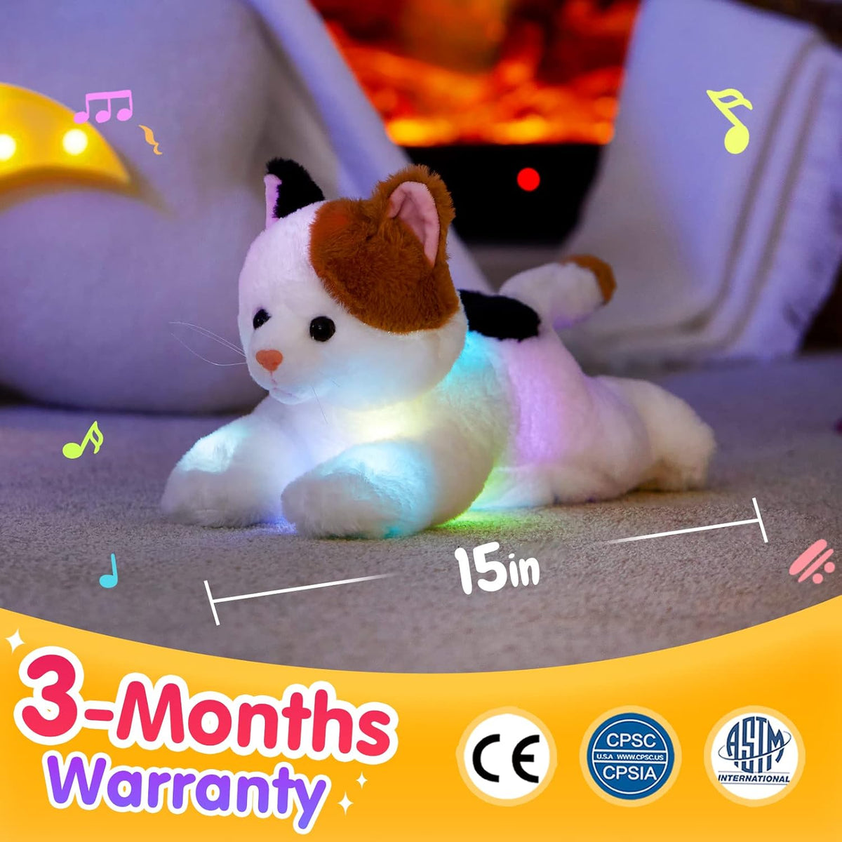 Glow Guards Light up Music Calico Cat Stuffed Animal LED Singing Kitty Soft Plush Toy Pillow with