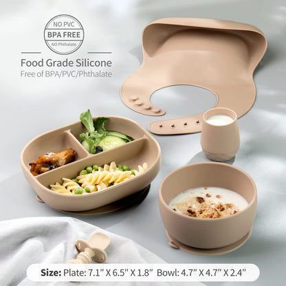 SAMiGO Silicone Baby Feeding Set, Baby Led Weaning Supplies, Suction Bowl Plate Bib Cup Self