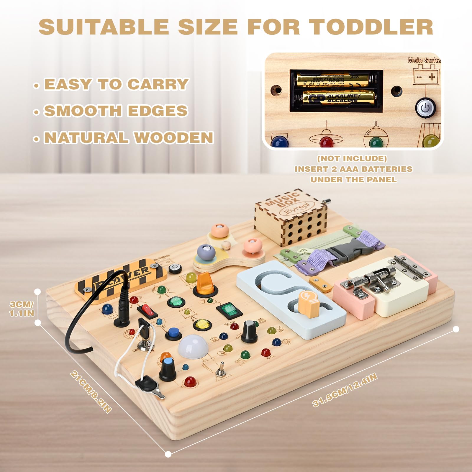 Joyreal Wooden Busy Board Montessori Toys for Toddlers, Sensory Activity Board with LED Lights