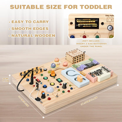 Joyreal Wooden Busy Board Montessori Toys for Toddlers, Sensory Activity Board with LED Lights