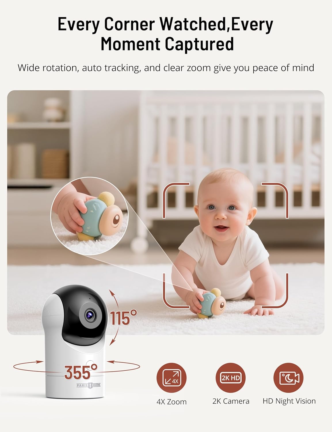 PARIS RHÔNE Video Baby Monitor, 2K UHD WiFi Camera, Night Vision, 5” Smart Baby Monitor with App