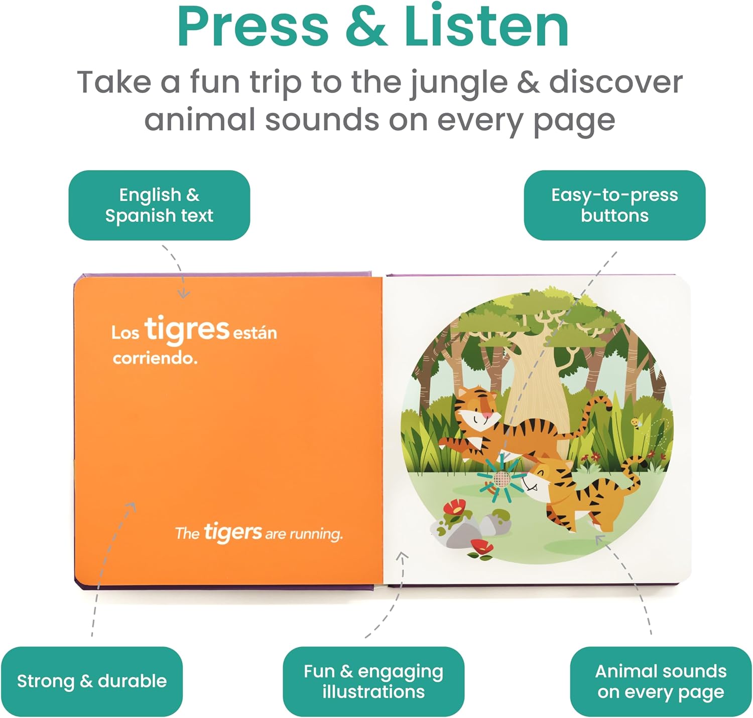 Binibi Spanish Books for Babies & Toddlers 1-3 La Selva Bilingual Sound Book with Jungle Animal