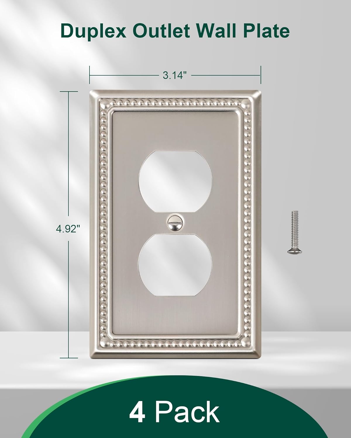 4-Pack Duplex Outlet Cover Plate, Metal Wall Plates for Electrical Outlets, Brushed Nickel 1 Gang
