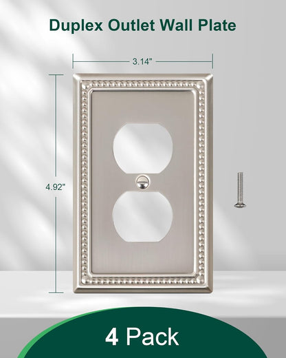 4-Pack Duplex Outlet Cover Plate, Metal Wall Plates for Electrical Outlets, Brushed Nickel 1 Gang