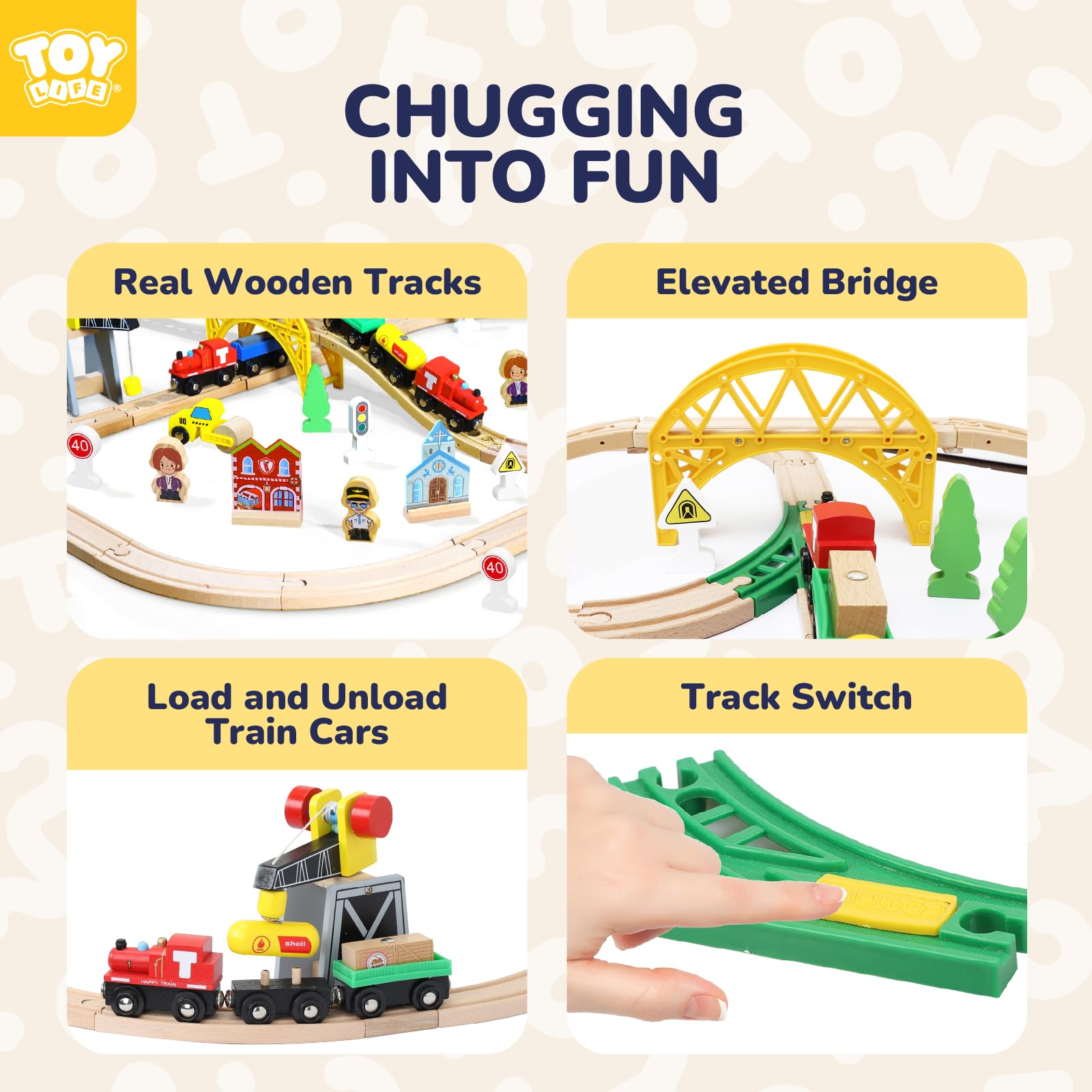 TOY Life Wooden Train Set with Crane, 60-Pc Track, Boys 3-8