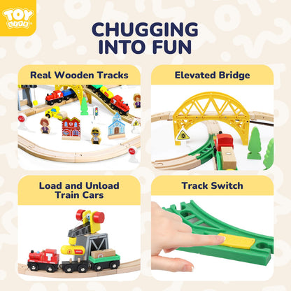TOY Life Wooden Train Set with Crane, 60-Pc Track, Boys 3-8
