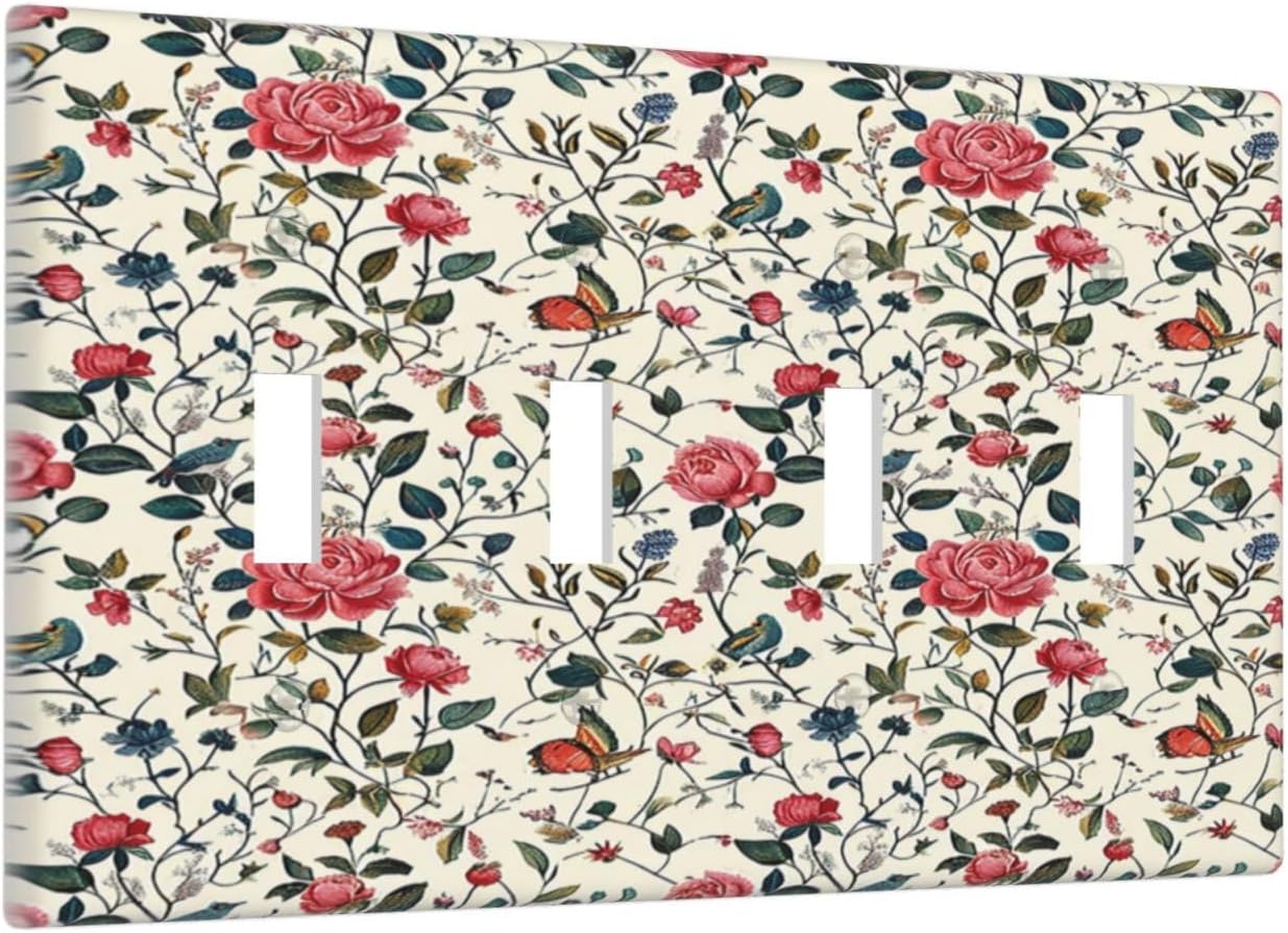 Light Switch Covers Vintage Flowers Rose Leaf Bird Butterfly Quad Toggle Electrical Faceplate 4