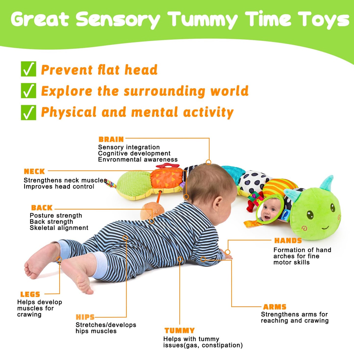 Baby Sensory Toy 0-6 Month Music Animal Stuffed Plush Caterpillar Toy for Infant 0-3-6 Month Tummy
