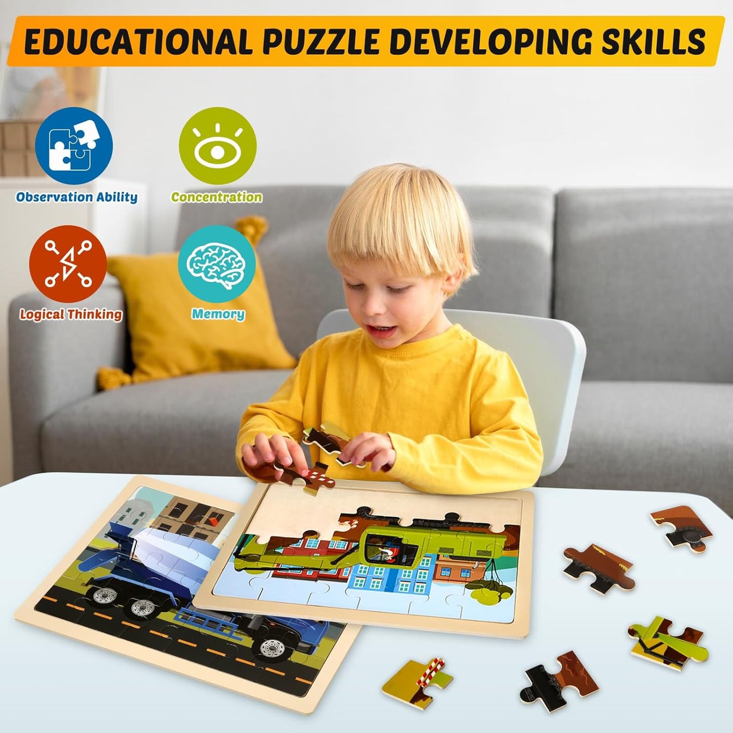 Wooden Vehicle Puzzles for Kids Age 3 4 5 Year Old, 4 Pack 24 Pcs Montessori Toddler Jigsaw Puzzles