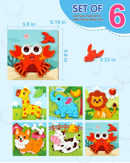 YUNCHY Wooden Puzzles for Toddlers 1-3, 6pcs Animal Jigsaw Puzzles for Toddlers, Montessori