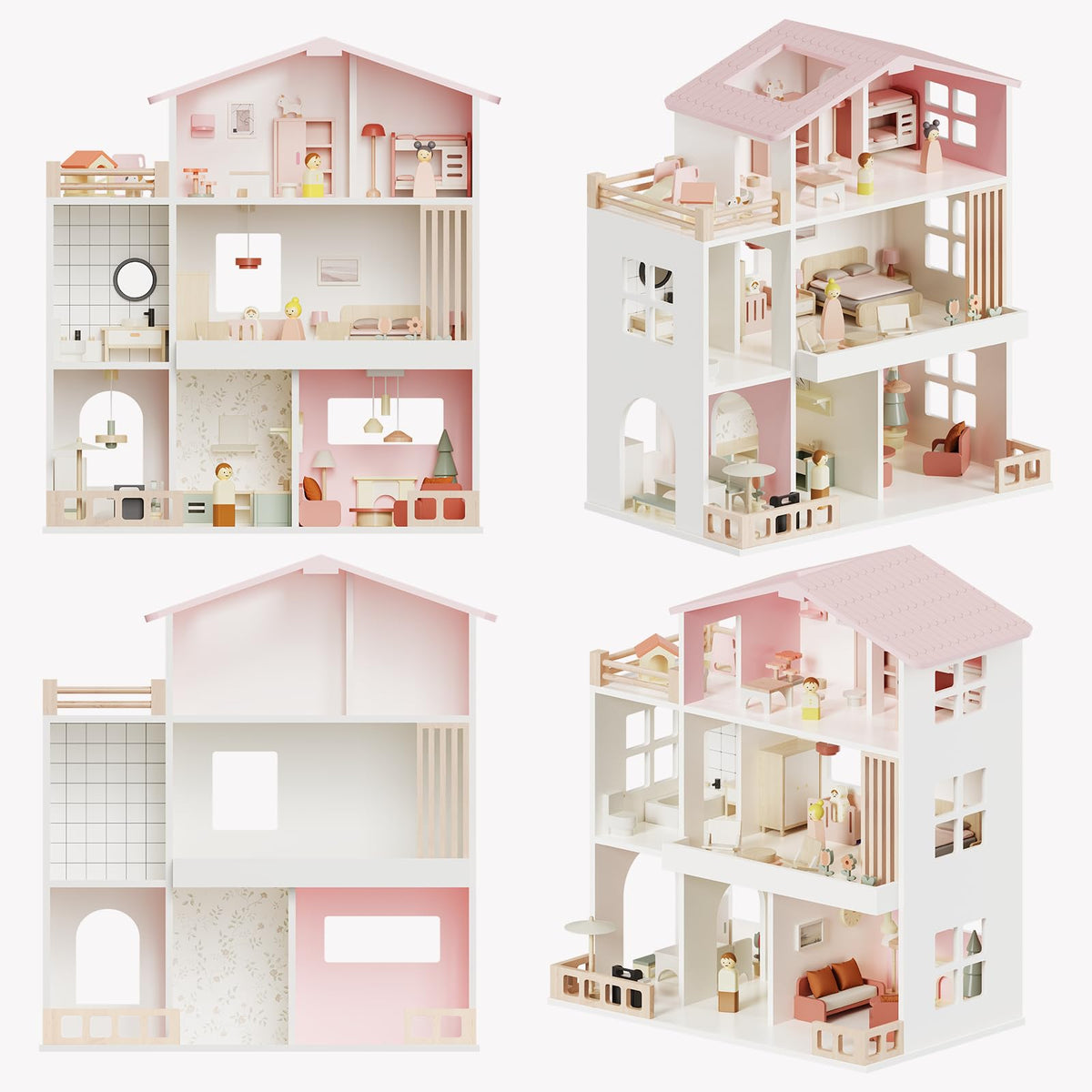 Wooden Doll House, Toddlers Dollhouse for Kids 3+ Year, 8 Rooms Play House