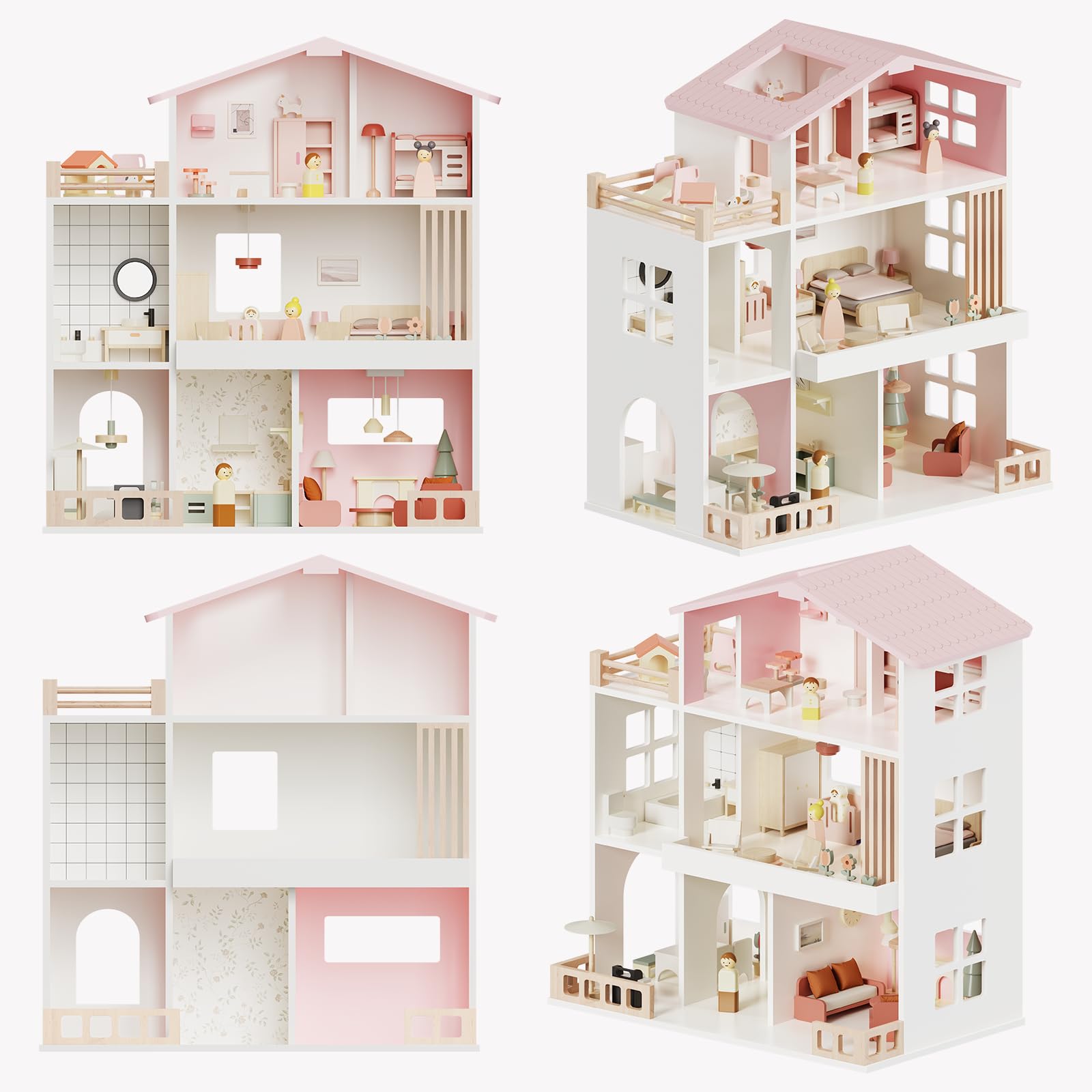 Wooden Doll House, Toddlers Dollhouse for Kids 3+ Year, 8 Rooms Play House