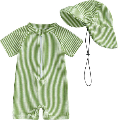 Toddler Baby Boys Seersucker Short Sleeve One Piece Rash Guard Swimsuit Zipper Bathing Suit
