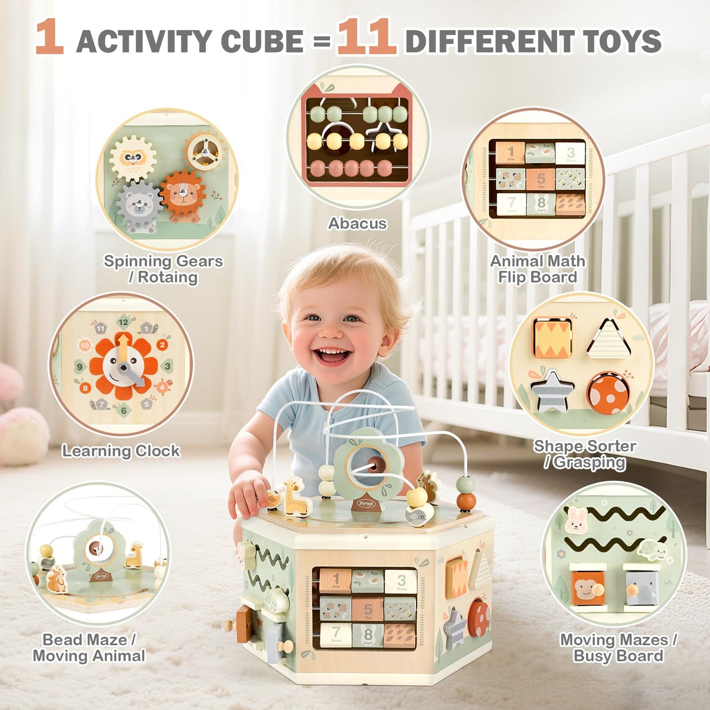 Wooden Activity Cube - 11-in-1 Montessori Toys for 1+ Year Old Boys & Girls