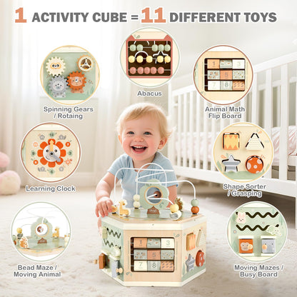 Wooden Activity Cube - 11-in-1 Montessori Toys for 1+ Year Old Boys & Girls