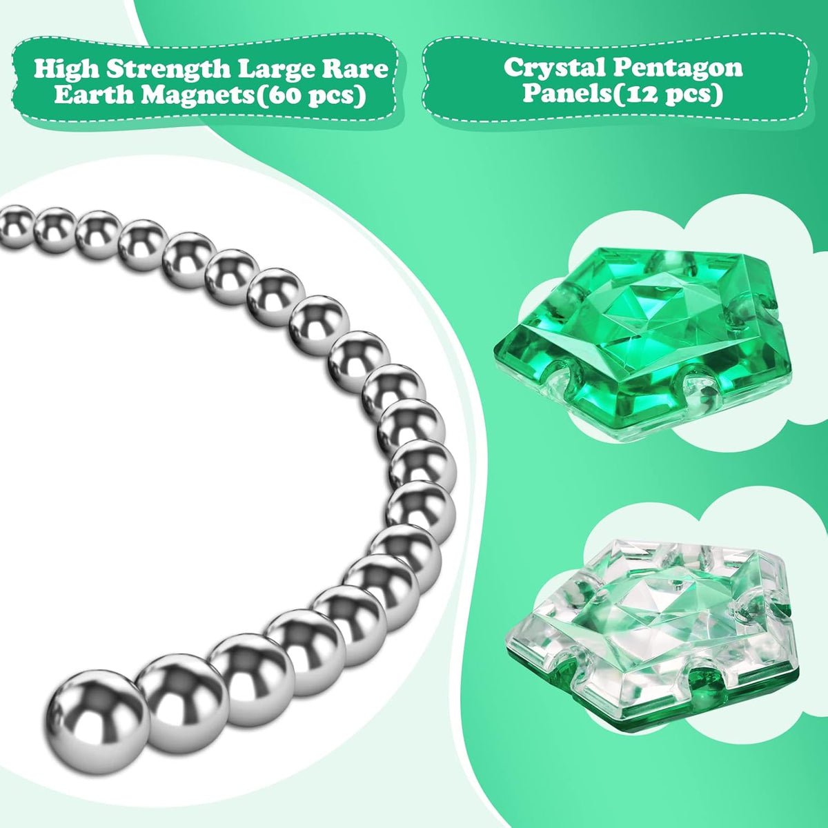 Magnetic Fidget Sphere - Pentagons Magnets Balls - 12 Piece Set - Crystal Green - Magnet Fidgets