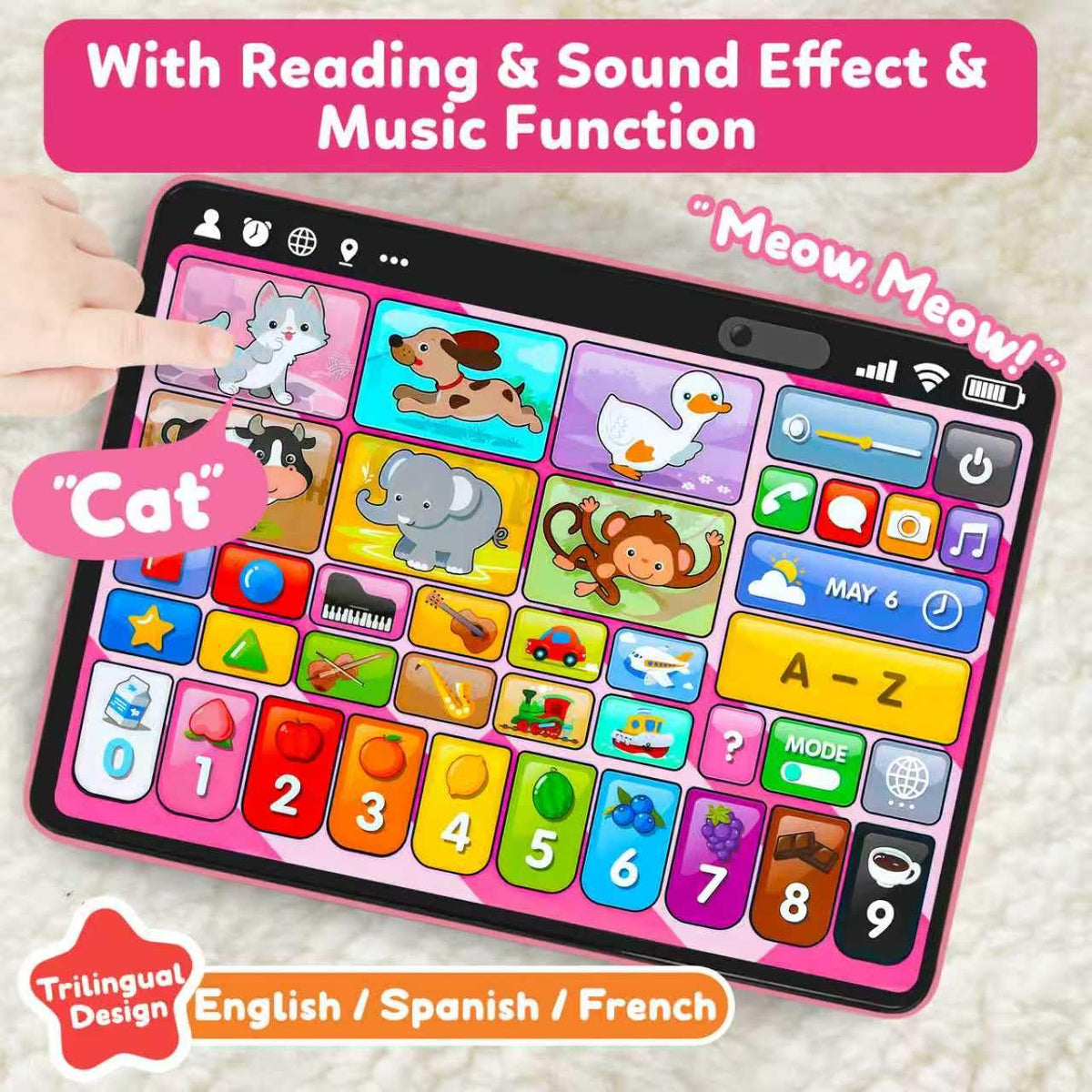 Trilingual Learning Toy Tablet with Music & Sound, Montessori Speech Therapy Toys for 1 Year Old
