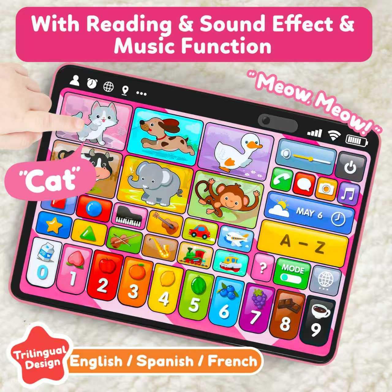 Trilingual Learning Toy Tablet with Music & Sound, Montessori Speech Therapy Toys for 1 Year Old