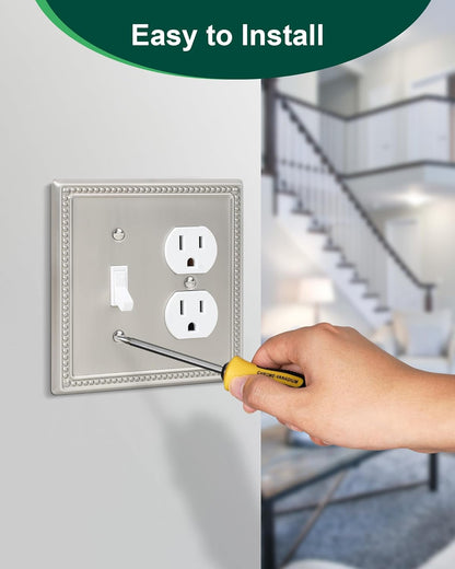 2-Pack Combo Toggle/Duplex Light Switch Cover Plate, Brushed Nickel Metal Wall Outlet Cover