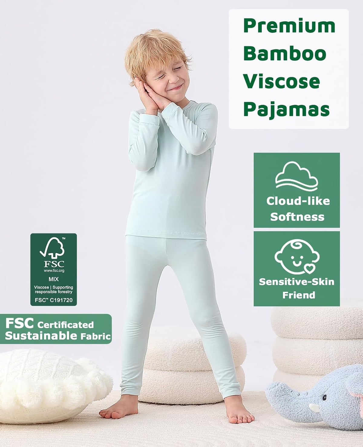 JunNeng Bamboo Viscose Pajamas for Toddler Baby, Boys Girls Solid Snug Fit Pajamas Long Sleeve