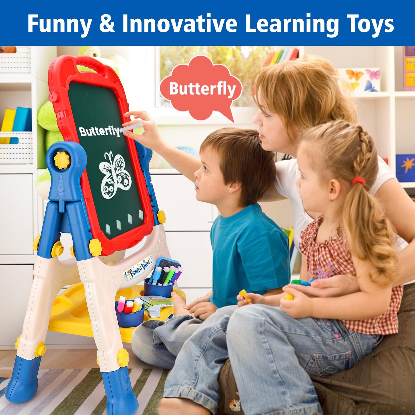 Kids Easel for Toddlers Age 3-4 Art Magnetic White Board & Chalkboard Double Side Adjustable Stand