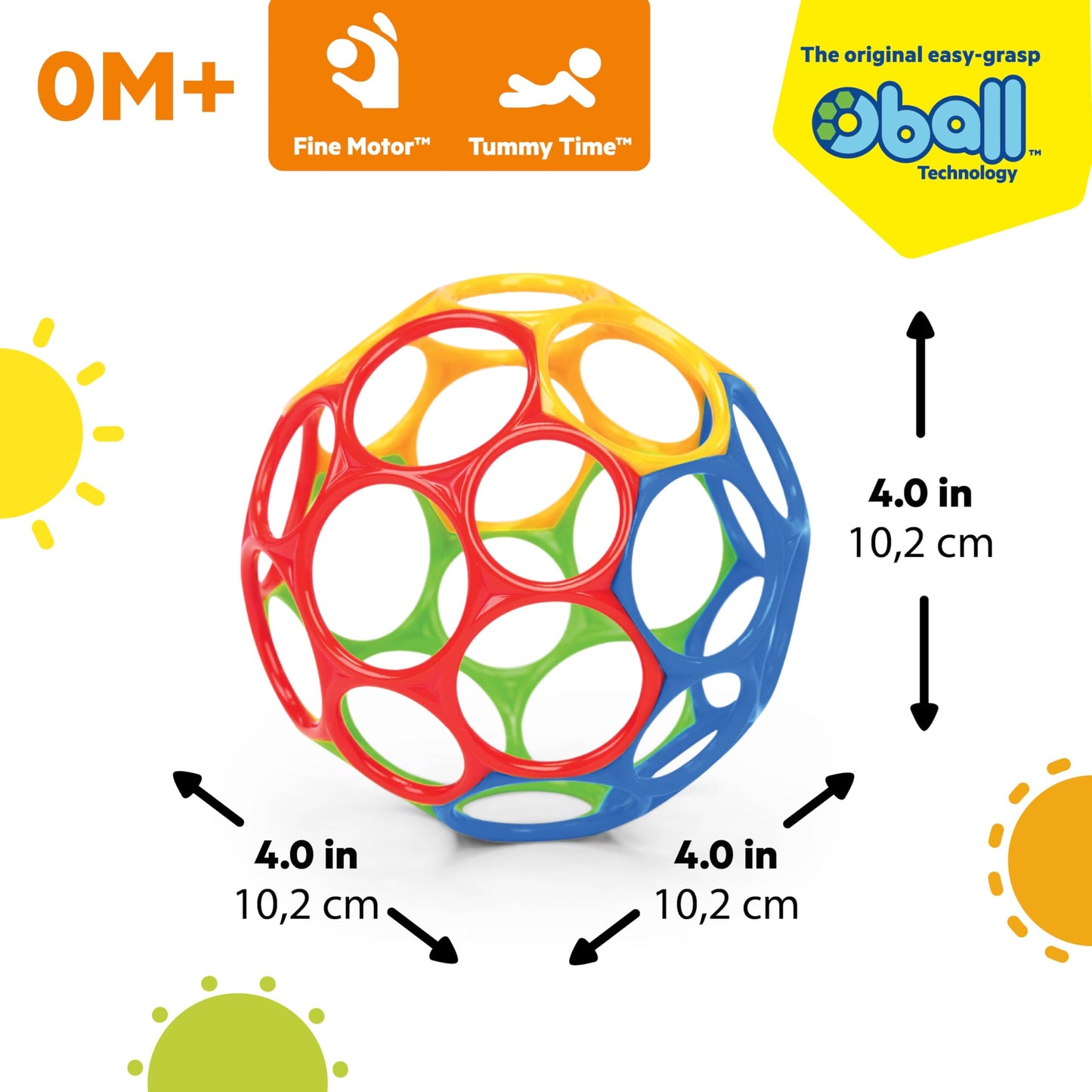 Bright Starts Oball Easy Grasp Classic Ball BPA-Free Infant Toy in Red, Yellow, Green, Blue, Age