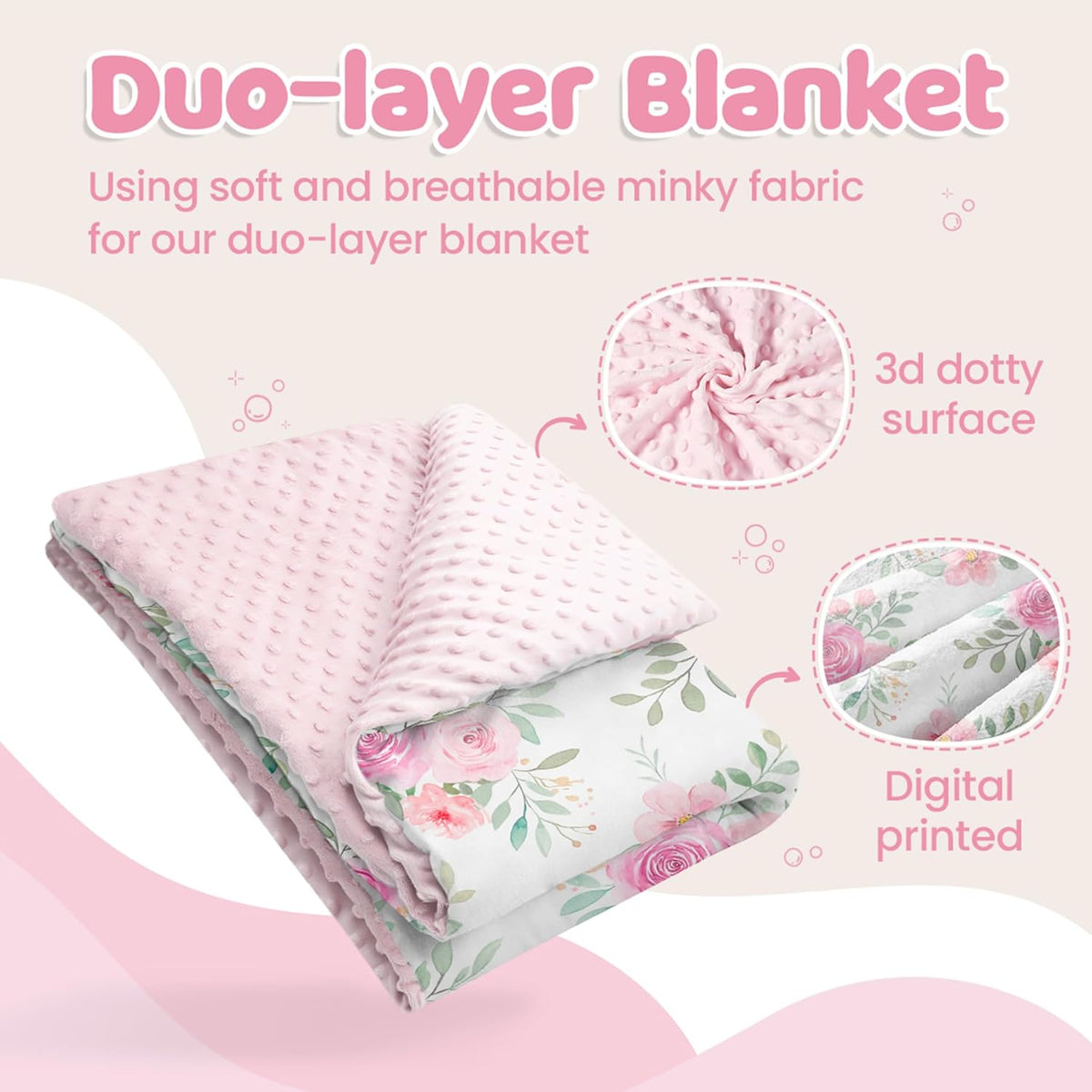 Floral Minky Baby Blanket 30 x 40 Inches for Girls, Soft Plush Receiving Blanket with Dotted Back