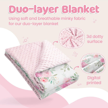 Floral Minky Baby Blanket 30 x 40 Inches for Girls, Soft Plush Receiving Blanket with Dotted Back