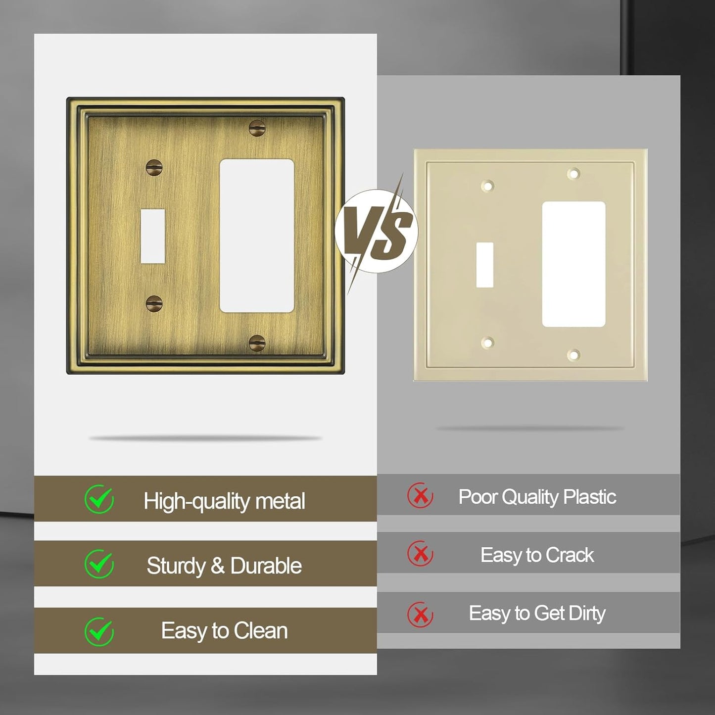 Combination Metal Light Switch Covers Wall Plate, 1 Toggle/1 Decorator Switch Plate Outlet Covers
