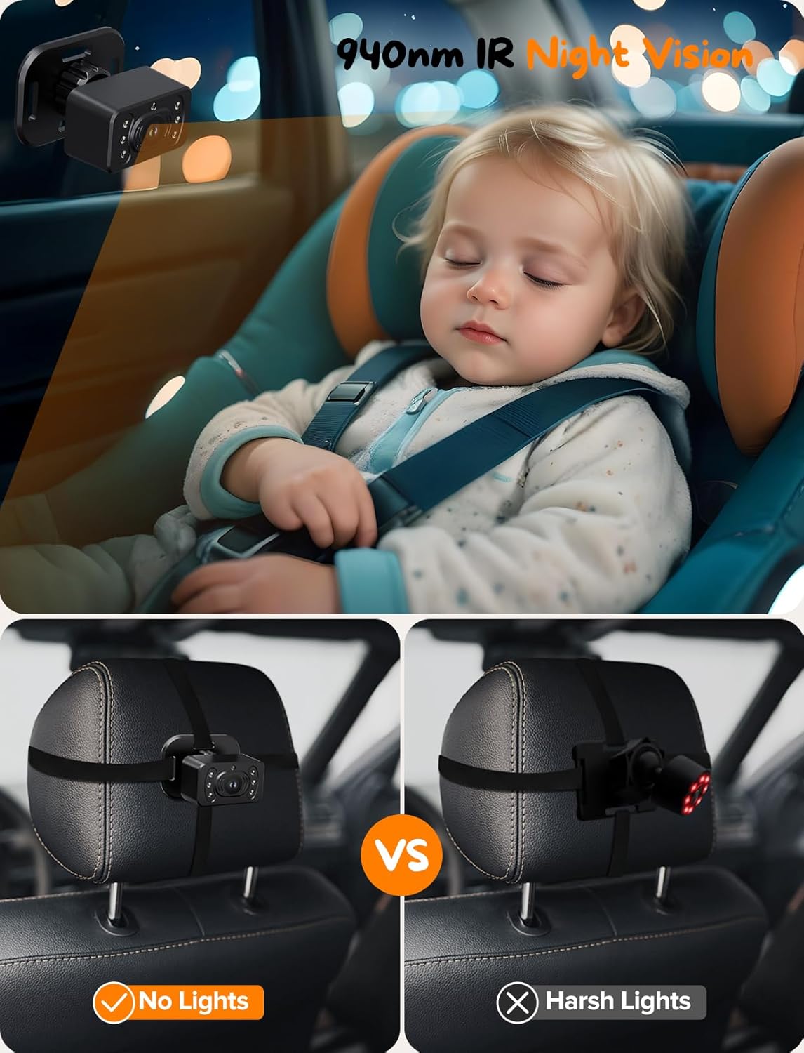 Kidsneed Baby Car Camera 7-Inch Baby Monitor for Car with USB Plug and Play Easy Setup 360 Degree