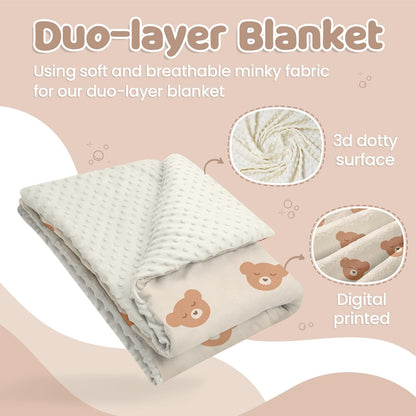 Bear Minky Baby Blanket 30 x 40 Inches for Boys Girls, Soft Plush Receiving Blanket with Dotted