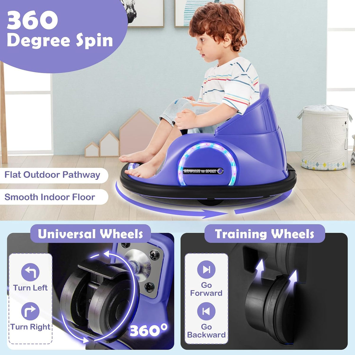 GLACER 12V Bumper Car, Electric Kids Bumper Car w/Parental Remote, 3-Speed, 360°Spin, Music, LED