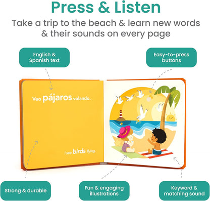Binibi Spanish Books for Babies & Toddlers 1-3 The Beach Interactive Bilingual Sound Book with Fun