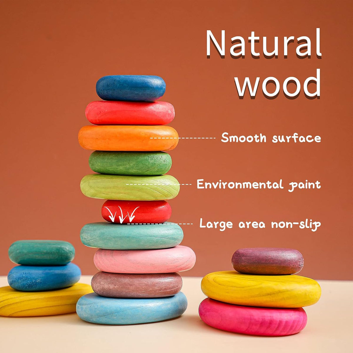 OESSUF 16pcs Extra-Large Wooden Sorting Stacking Rocks - Safe Montessori Toys for 1-3 Year Old