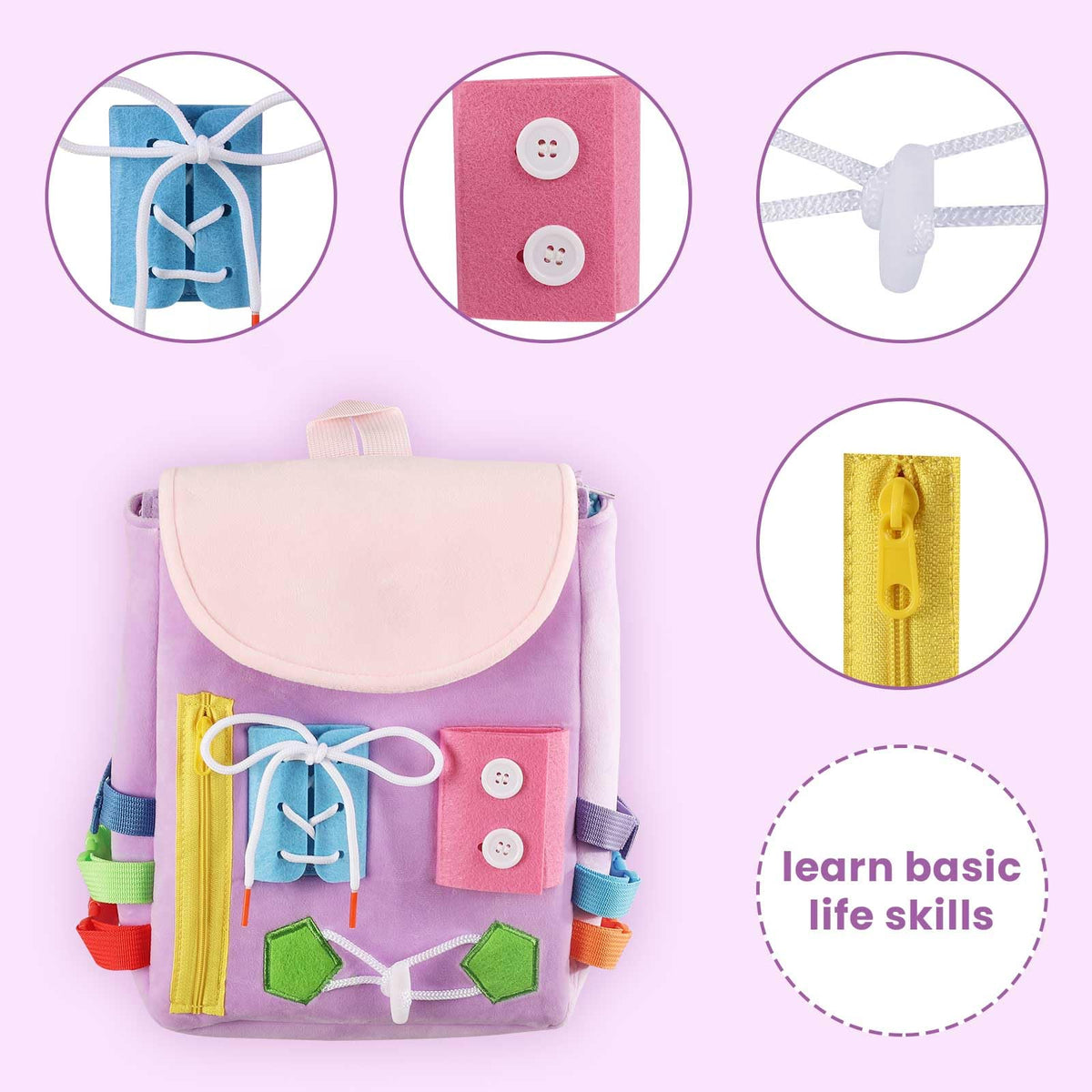 Busy Board - Toddler Backpack with Buckles and Learning Activity Toys - Develop Fine Motor Skills