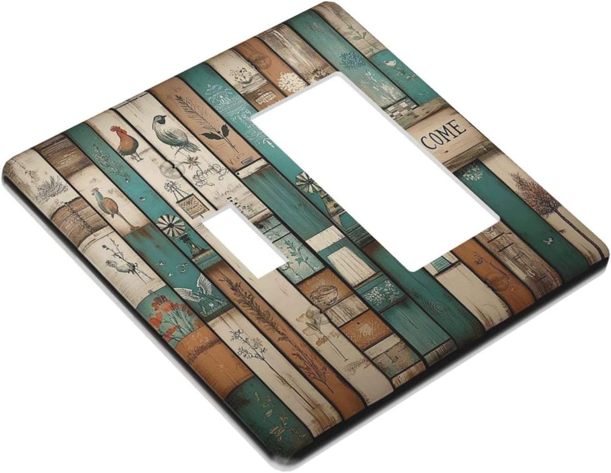 Outlet Covers Vintage Wood Brown Turquoise Splicing 1 Toggle 1 Rocker Combination Decorative Wall