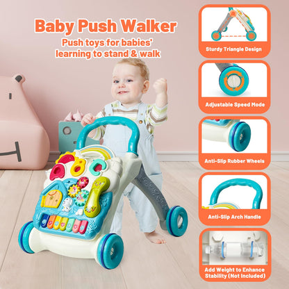 Sit to Stand Baby Walker Toy, Activity Center with Music and Light, Blue